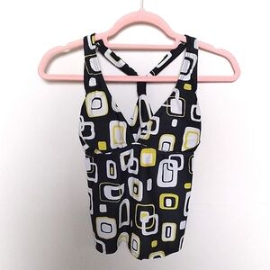 Aqua Couture Black White and Yellow Geometric Print Tankini Top Size 10